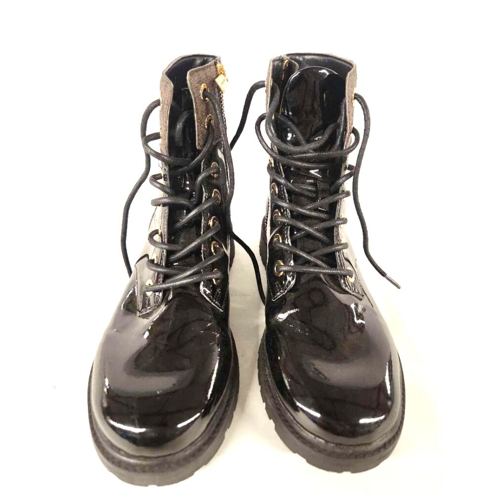 Michael Kors Alistair Black Patent Leather MK Logo Lug Sole Combat Boots - 8.5